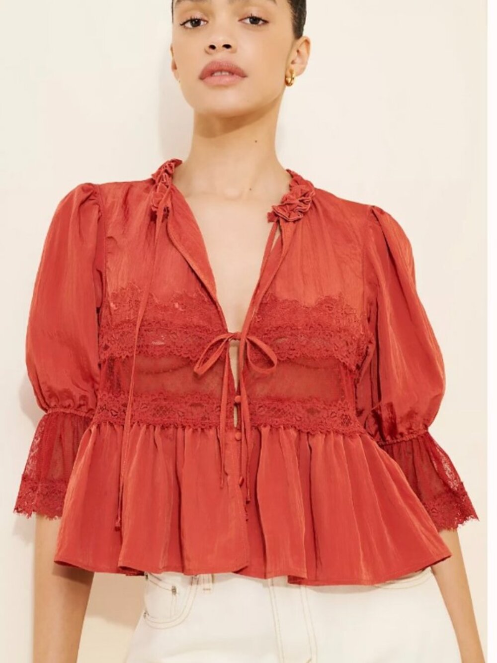 Free People Intimately Forever Young Bed Jacket Red XS Lace Sheer Romantic - Picture 2 of 14